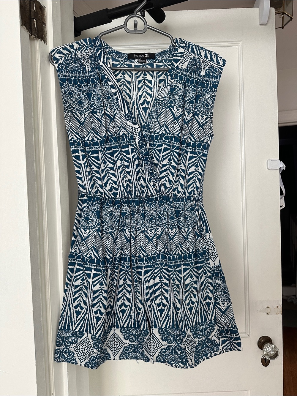 Forever 21 Teal and White Printed Cap-Sleeve Mini Dress